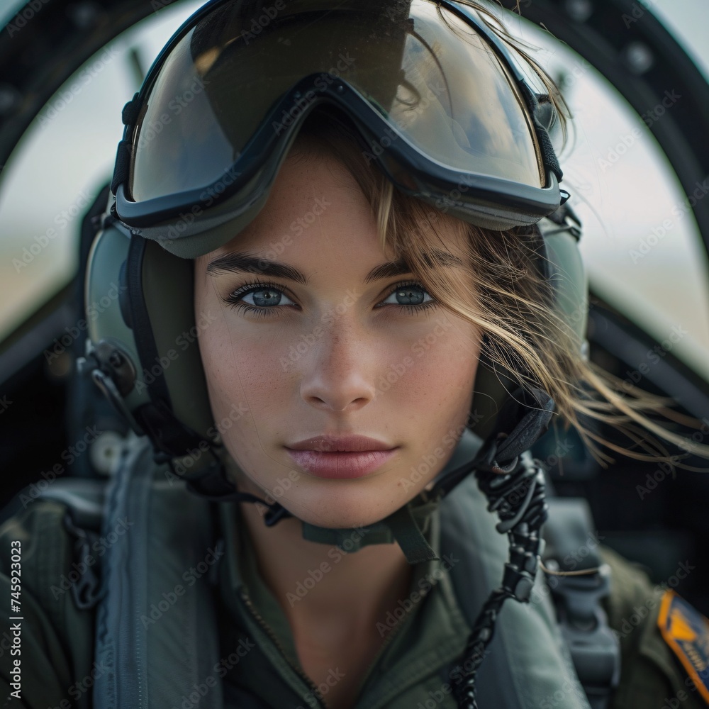 Confident young female with captivating eyes posing in a pilot's helmet inside a cockpit Confident young female with captivating eyes posing in a pilot's helmet inside a cockpit