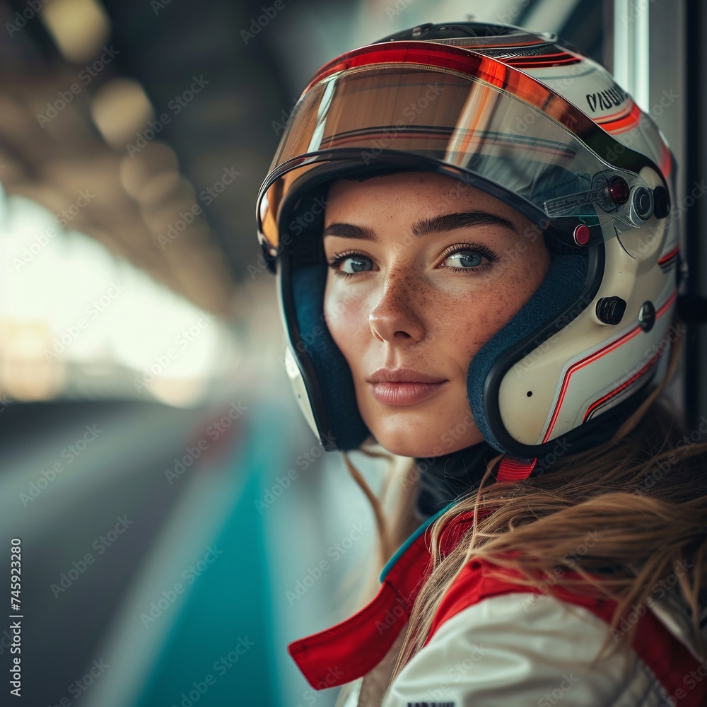 Portrait of a joyful female racing driver wearing a protective helmet