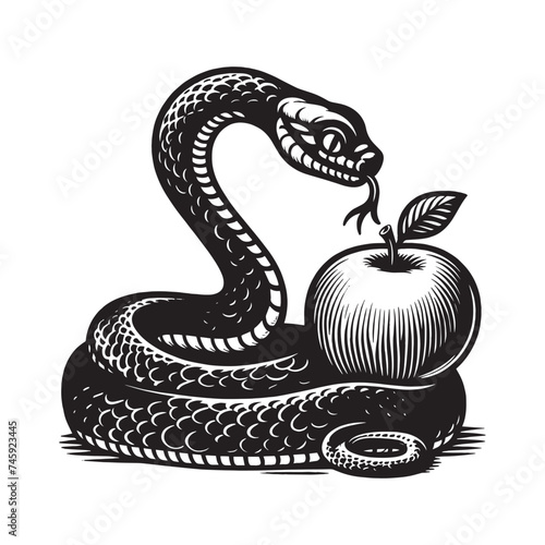 Snake and apple.  Vintage retro engraving illustration. Black icon, isolated element. cut out	