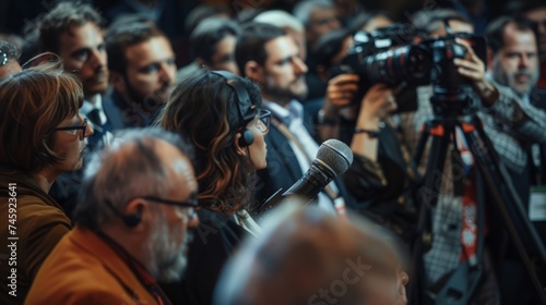 A focused crowd of journalists and cameramen covering a live event with professional equipment