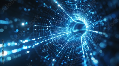 Tunnel or wormhole. Abstract Wormhole Science. 3D tunnel grid. Wireframe 3D surface tunnel. Abstract digital background