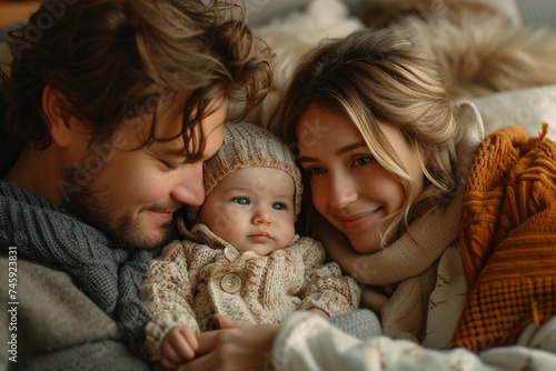 A cozy winter scene with a happy family bundled up together indoors, exuding warmth