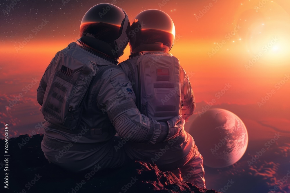 Two astronauts in space suits embracing and looking at a distant Earth-like planet at sunset. - obrazy, fototapety, plakaty 