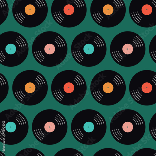 Seamless pattern with retro vinyl records. Vector background minimal flat style. 