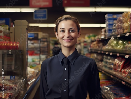 A happy and friendly saleswoman is smiling at the camera in a well-stocked grocery store, offering a realistic portrayal of excellent customer service.