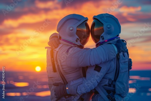 Two astronauts in space suits embracing and looking at a distant Earth-like planet at sunset.