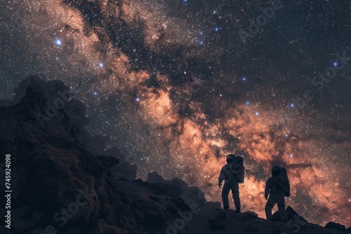 Astronauts on a spacewalk with a galaxy background