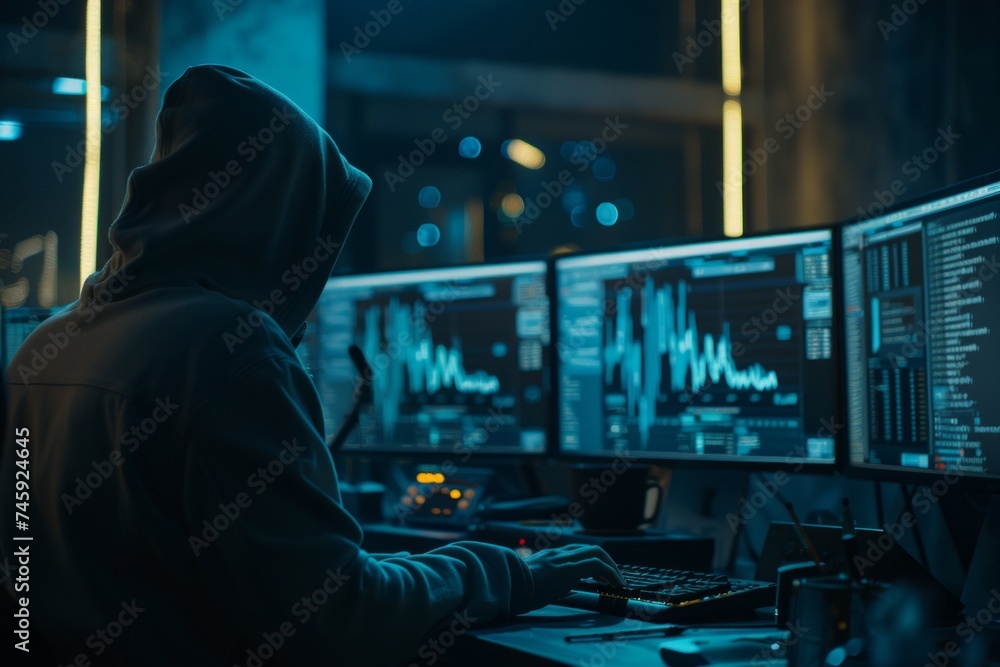 Hooded figure working on multiple computer screens with code and graphs in a dark room. Hooded figure working on multiple computer screens with code and graphs in a dark room.