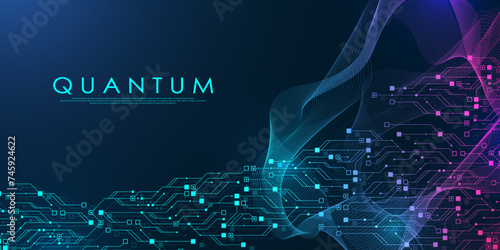 Quantum computer technologies concept. Futuristic blue circuit board background vector. Modern technology circuit board texture background design. Waves flow. Quantum explosion technology.