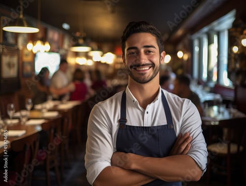 A warm and inviting photograph of a friendly waiter smiling at the camera while serving in a cozy and charming restaurant setting, creating a welcoming atmosphere for diners. © Veronika