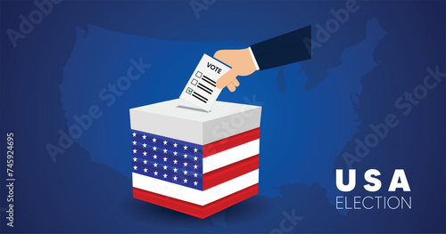voting in us president election hand paper vote with ballot box on map vector poster