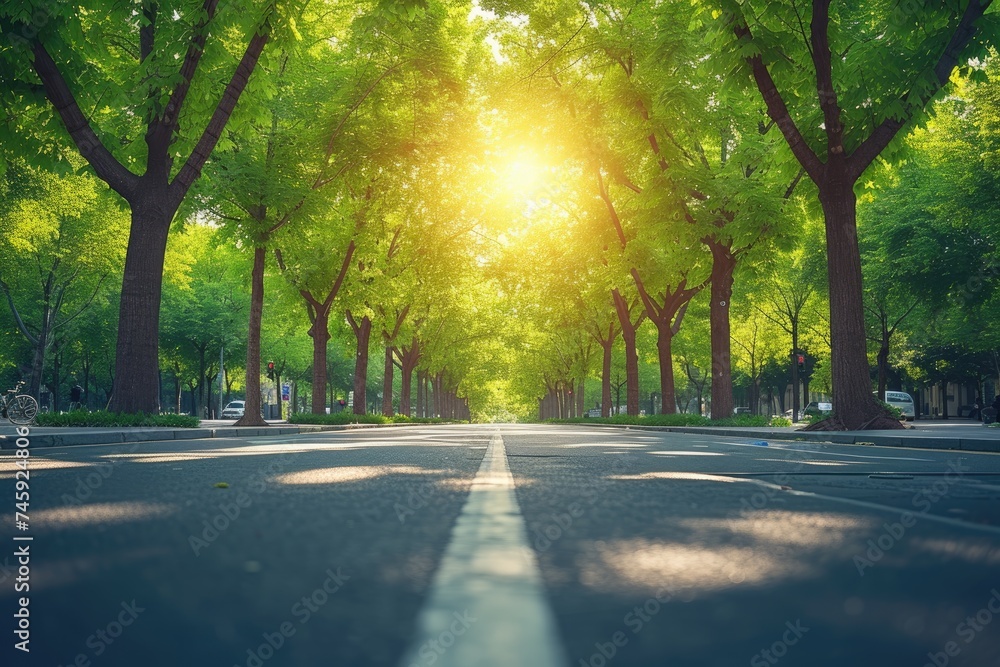 Sunlit Avenue: Lush Green Canopy Roadway Perspective Sunlit Avenue: Lush Green Canopy Roadway Perspective