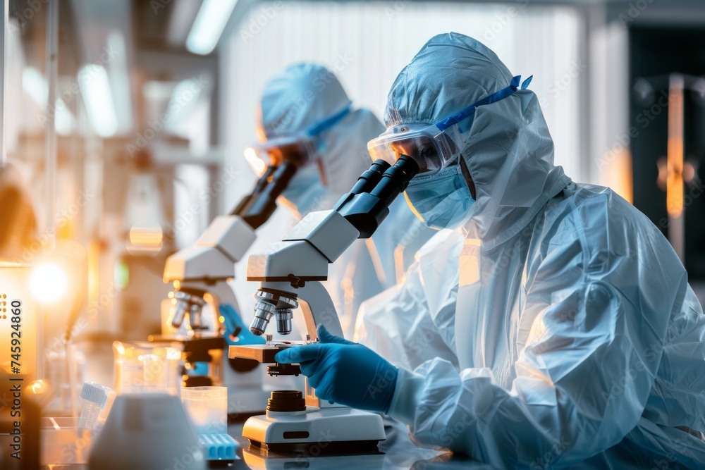 Scientists in protective suits working with microscopes in a laboratory. Scientists in protective suits working with microscopes in a laboratory.