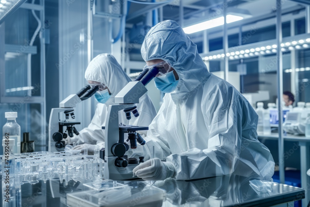 Scientists in protective suits working with microscopes in a laboratory. Scientists in protective suits working with microscopes in a laboratory.