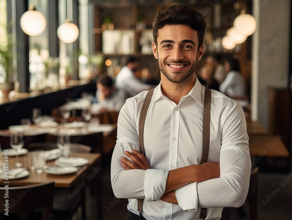 Fototapeta premium A warm and inviting photograph of a friendly waiter smiling at the camera while serving in a cozy and charming restaurant setting, creating a welcoming atmosphere for diners.