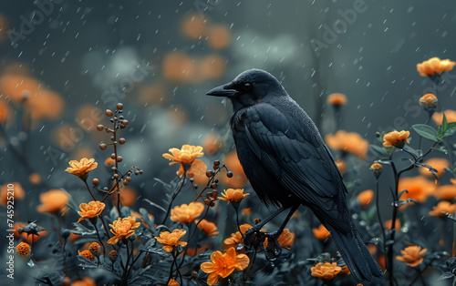 dark background with flowers and a black bird © bilge