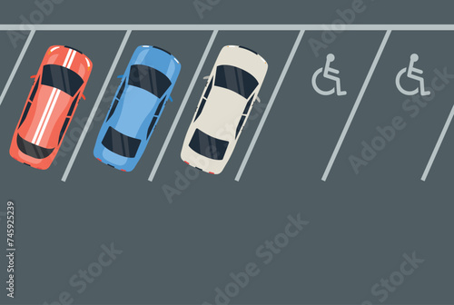 Top view of car vehicle in parking. Parking in city. Parking zone with place for disable. Parking lot with many cars top view. Vector stock
