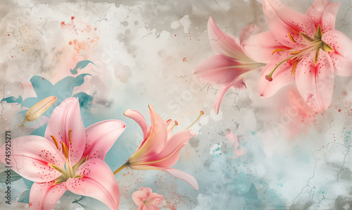  floral wallpaper with pink lily flowers on watercolor background with copy space