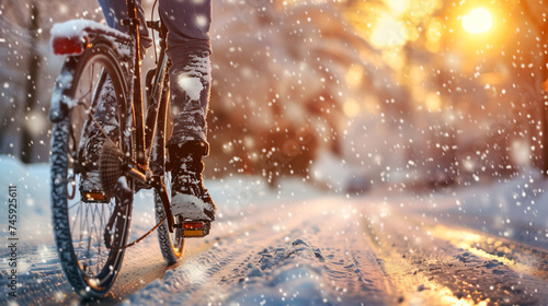 Close up: Man riding a bicycle on a road in a winter landscape. © Creative