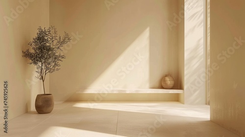 Modern minimalist interior with natural lighting and an indoor plant, suitable for home design and lifestyle concepts.