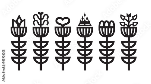 Black assorted abstract isolated thick line art deco vertical blooming flowers with leaves icons set on white background