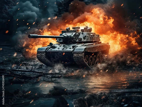 A heavily armored war tank fires its main cannon in a dramatic display of firepower during a combat operation in a military battlefield, kicking up clouds of dust and debris.