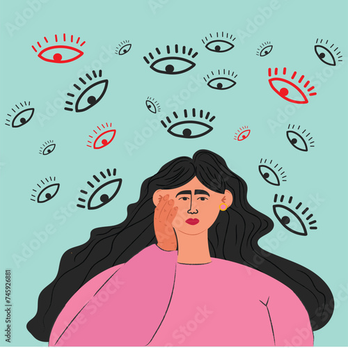 Anxiety depressed and sad woman, afraid of people's looks and judgment. vector, illustration.