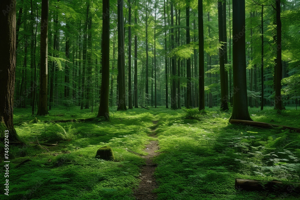 Obraz premium Lush Green Forest Path: Sunlight Dappled Mossy Undergrowth