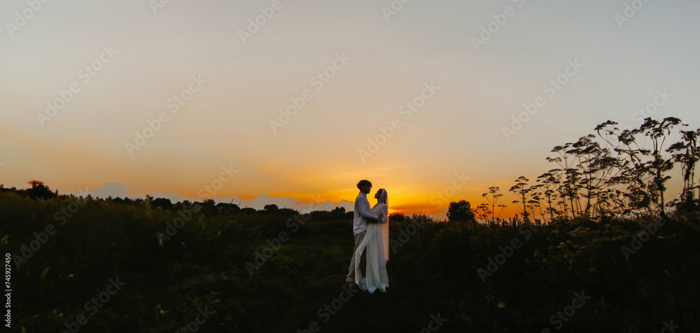 Obraz premium silhouettes of a newlywed couple in love in a field at sunset. Outdoor wedding in summer