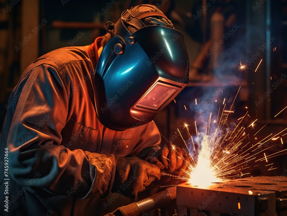 A skilled welder dressed in safety gear is seen diligently focused on a welding job, wearing a protective mask and using specialized tools to complete the task. A skilled welder dressed in safety gear is seen diligently focused on a welding job, wearing a protective mask and using specialized tools to complete the task.