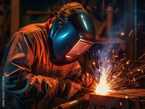 A skilled welder dressed in safety gear is seen diligently focused on a welding job, wearing a protective mask and using specialized tools to complete the task.