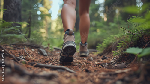 Close-up of female hiker feet walking outdoor.