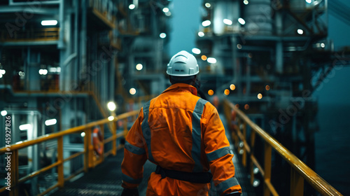 Close-up of offshore oil rig worker walks.