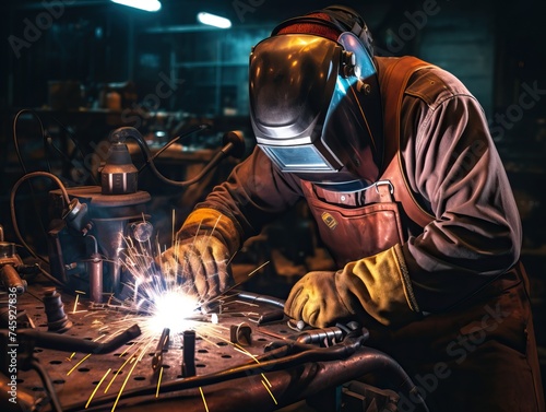 A skilled welder dressed in safety gear is seen diligently focused on a welding job, wearing a protective mask and using specialized tools to complete the task.