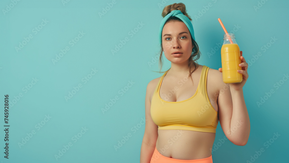 Closeup woman in sport wear holding fruit smoothie on isolated blue background with space for copy Closeup woman in sport wear holding fruit smoothie on isolated blue background with space for copy