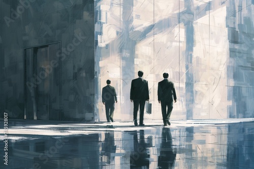An artistic digital painting of men in suits navigating through an abstract sunlit corridor with ethereal lighting and geometric shadows