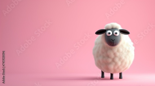 Cute 3d sheep standing full body length on isolated pink background with space for copy