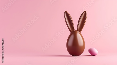 Chocolate easter egg with bunny ears and colored eggs on isolated pink background