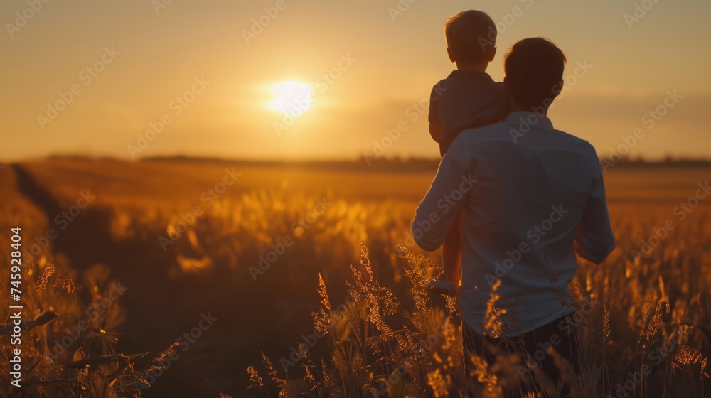 Rear view of a father holding his son on his shoulders on field at the sunset with space for copy