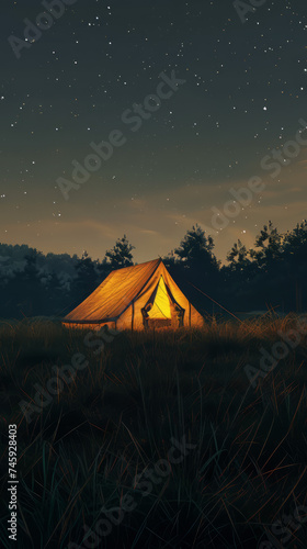 tent is lit up on the field with stars above  in the style of dark yellow and light beige  photorealistic landscapes   realistic and hyper-detailed renderings  dark orange and aquamarine  