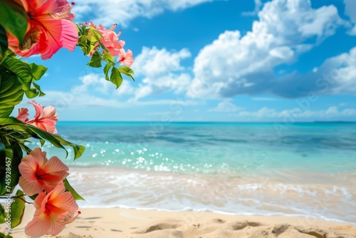 Pink flowers on a sandy beach, in the style of afro-caribbean influence, sky-blue and aquamarine, serene seascapes, vibrant stage backdrops, photoillustration, creative commons attribution, naturalist photo