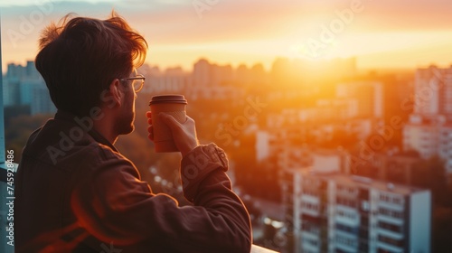 City life awakening: Young man enjoying his early morning coffee with a vibrant sunrise over the urban skyline, reflecting daily urban routine. 