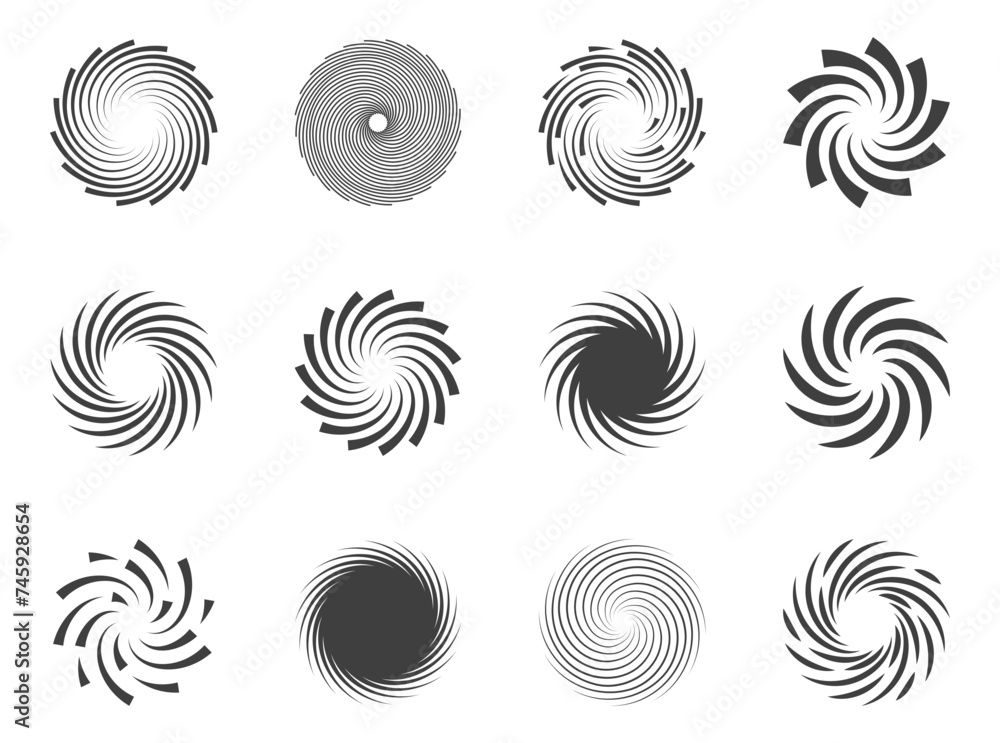 Spiral and swirl motion twisting circles design element set Spiral and swirl motion twisting circles design element set