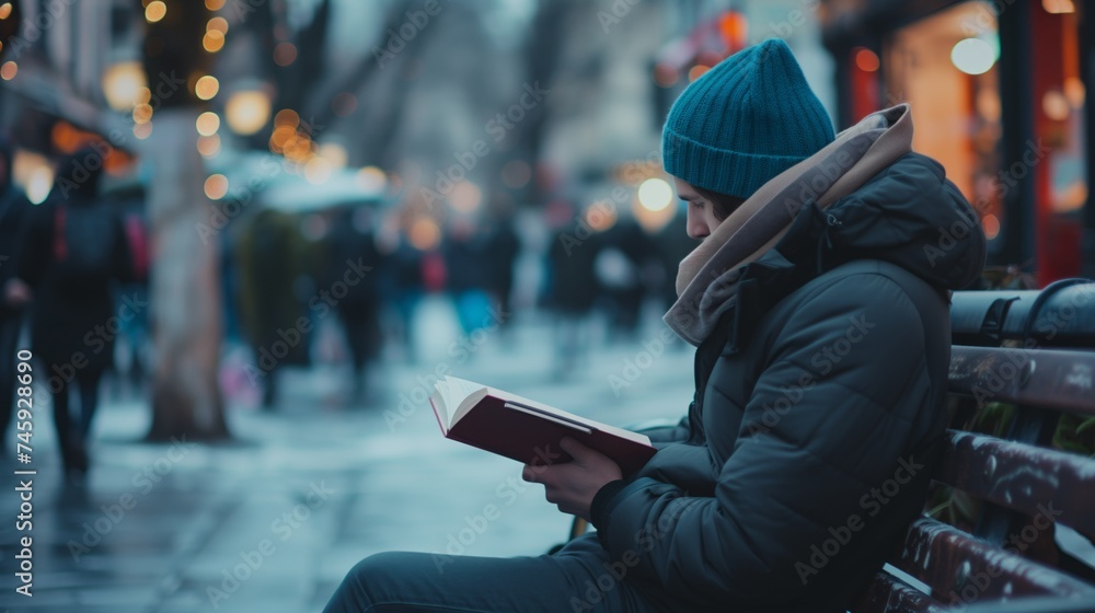 Person reading a book on city bench in winter, urban life and relaxation, candid street photography
Person reading a book on city bench in winter, urban life and relaxation, candid street photography