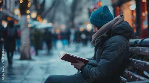 Person reading a book on city bench in winter, urban life and relaxation, candid street photography
