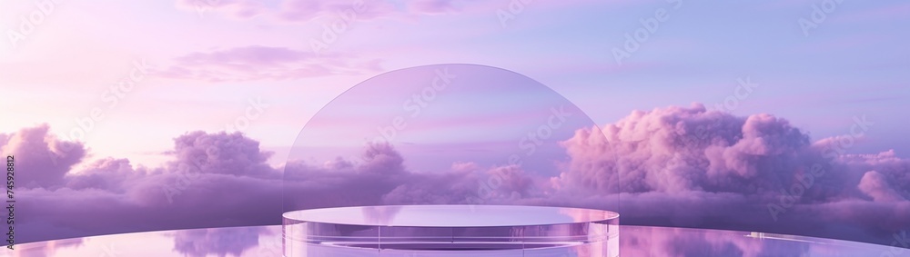 A front view of a transparent podium with a blank space, set against a purple gradient cloudy sky background, creating an abstract and visually captivating content display.