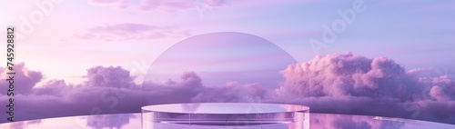 A front view of a transparent podium with a blank space, set against a purple gradient cloudy sky background, creating an abstract and visually captivating content display.