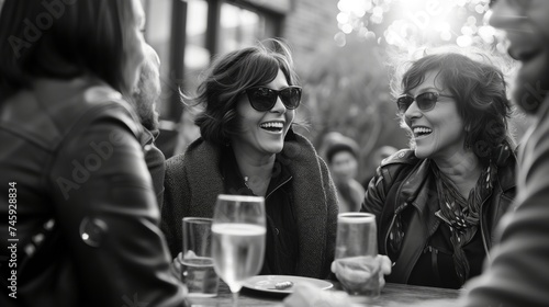 Friends laughing together at outdoor cafe, casual meet-up, socializing over drinks, candid moments, monochrome.
