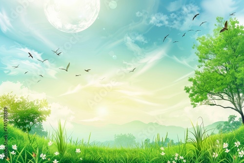 Wallpaper of a greenery daytime landscape, in the style of romantic illustration, luminous skies, clear and precise bird art, uhd image, pictorial space, free brushwork, World Environment Day.