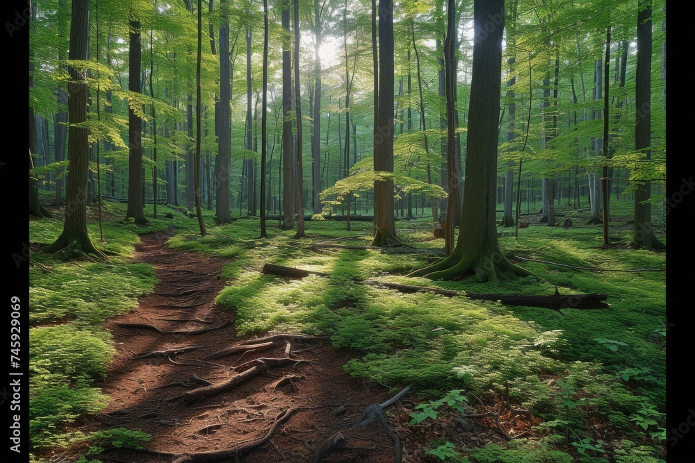 Obraz premium Sunlit Beech Forest Path, Mossy Undergrowth, Exposed Roots